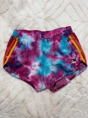 Aviator Nation Tie-Dye Purple & Blue Athletic Shorts with Yellow-Orange Stripes